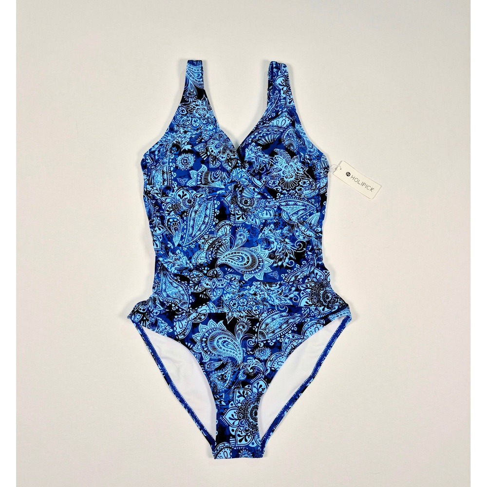 Holipick  Blue Paisley Floral One Piece Swimsuit V-Neck Tummy Control NWT Medium